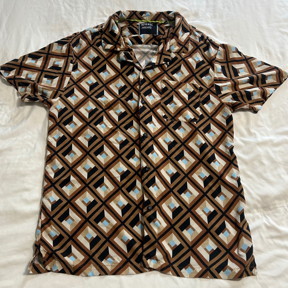 Reverse Threads Mens Geometric Diamond Print Short Sleeve Button Down Shirt Med